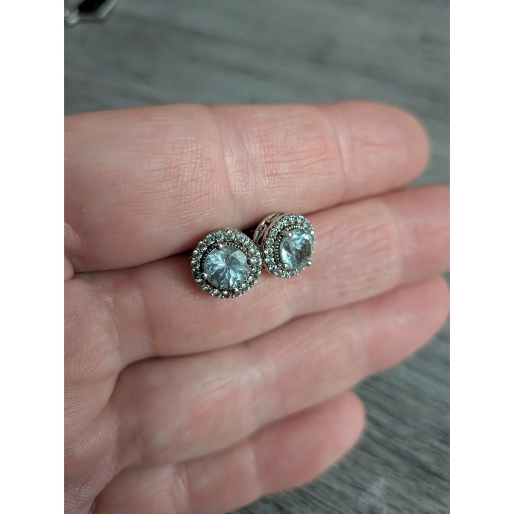 Silver Light Blue Stone Halo Stud Earrings Vintage Style Filigree